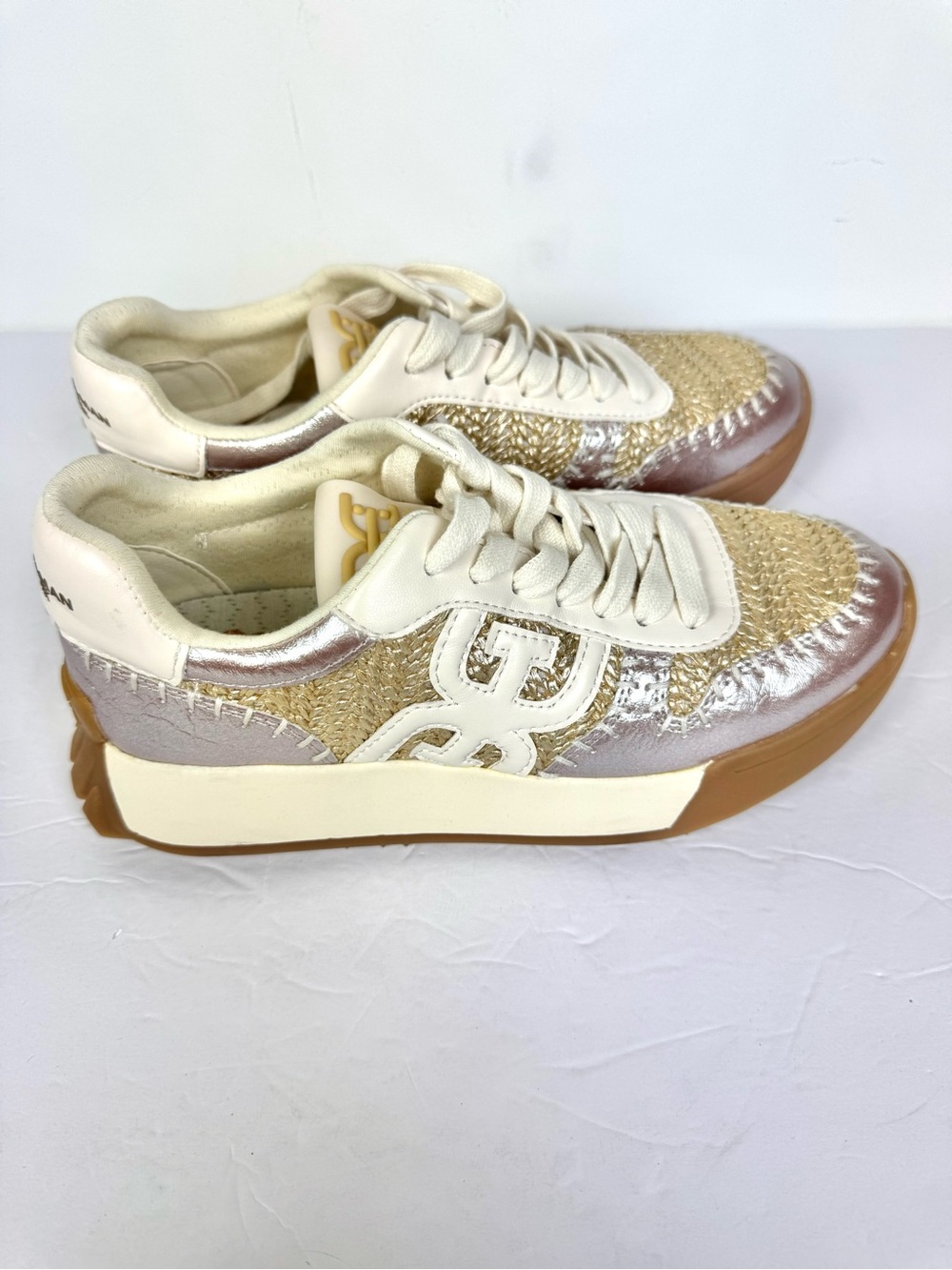 Sam Edelman Langley Basketweave Sneakers Woven of Silver and Gold Threads Size 6